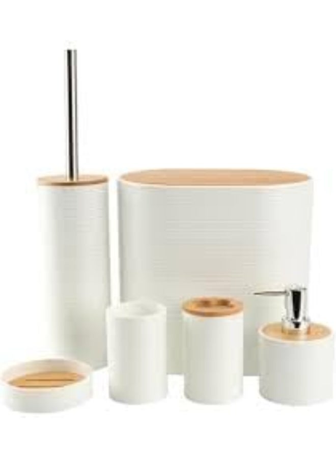6-piece oval bathroom accessory set with a modern design and wooden covers for organizing and beautifying the bathroom (white)